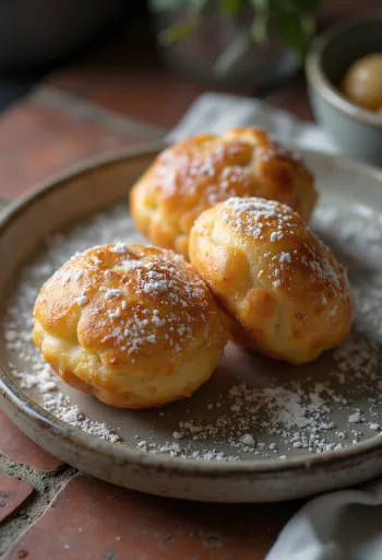 Æbleskiver s kardamomom, posuto s sladkorjem v prahu