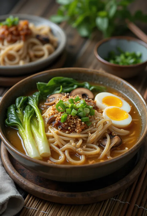 Udon-style Ramen postrežen z debelimi testeninami in jajcem
