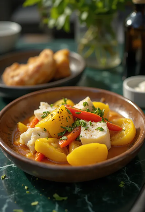 Ackee in polenovka postrežena z zelenjavo in začimbami