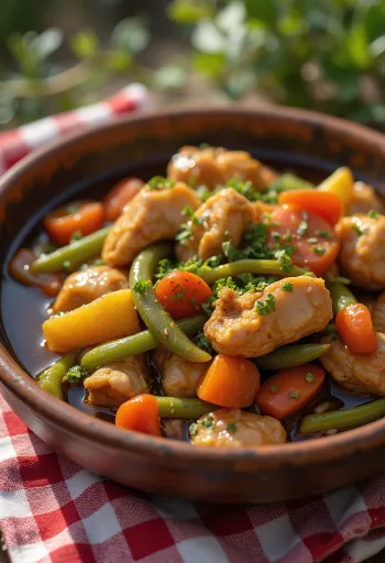 Adobo z zelenjavnim ragujem, okrašen s svežim koriandrom