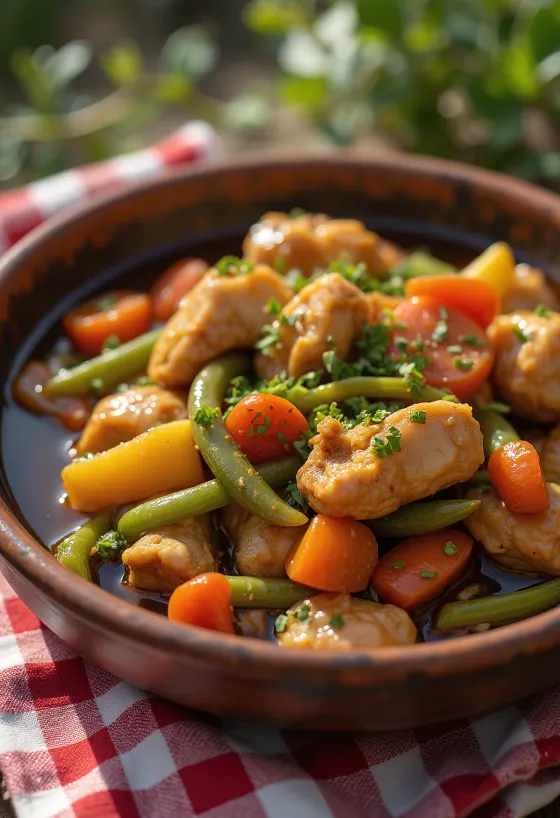 Adobo z zelenjavnim ragujem, okrašen s svežim koriandrom