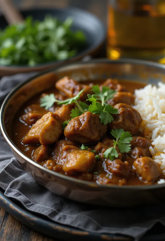 Kozji kari (Goat curry), postrežen z rižem in koriandrom