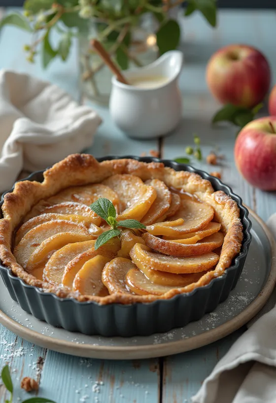 Treacle tart z jabolčnim nadevom, postrežen s stepeno smetano