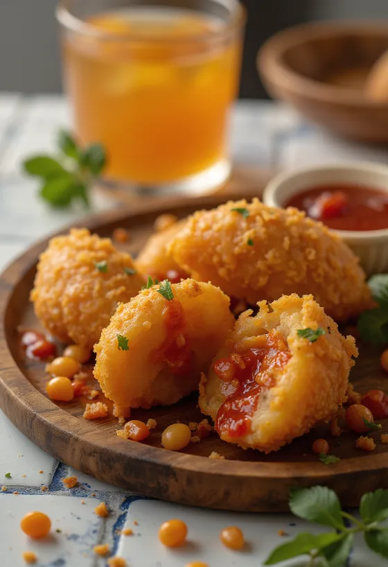 Acarajé s pekočo omako, hrustljave kroglice, postrežene s pekočo omako in koriandrom