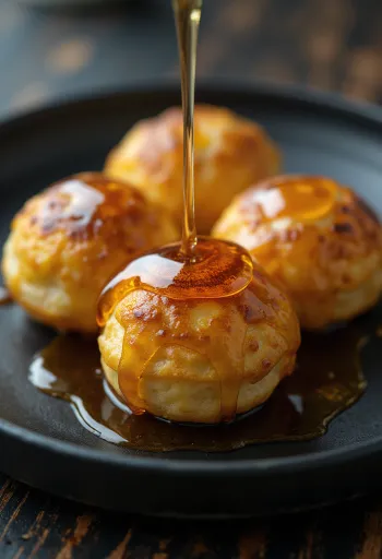 Æbleskiver z javorjevim sirupom, sveže pecivo, zlato rjavo, postreženo z javorjevim sirupom