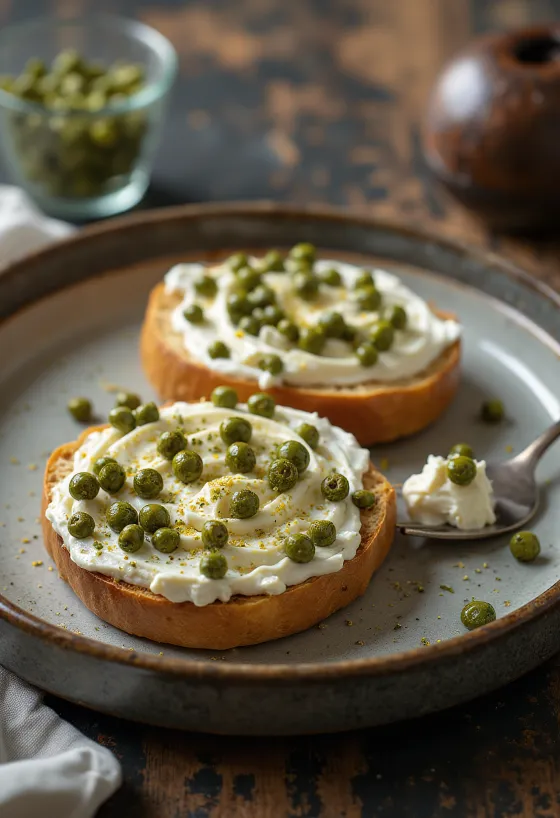 Bagel s kaprami in kremnim sirom, okrašen s svežim peteršiljem
