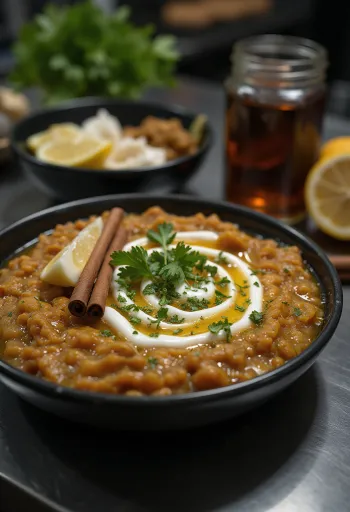 Haleem s česnovim jogurtom, bogata mesna bližnjevzhodna jed, okrašena s svežim koriandrom