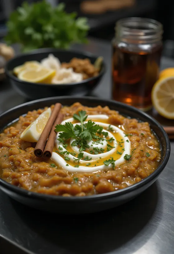Haleem s česnovim jogurtom, bogata mesna bližnjevzhodna jed, okrašena s svežim koriandrom