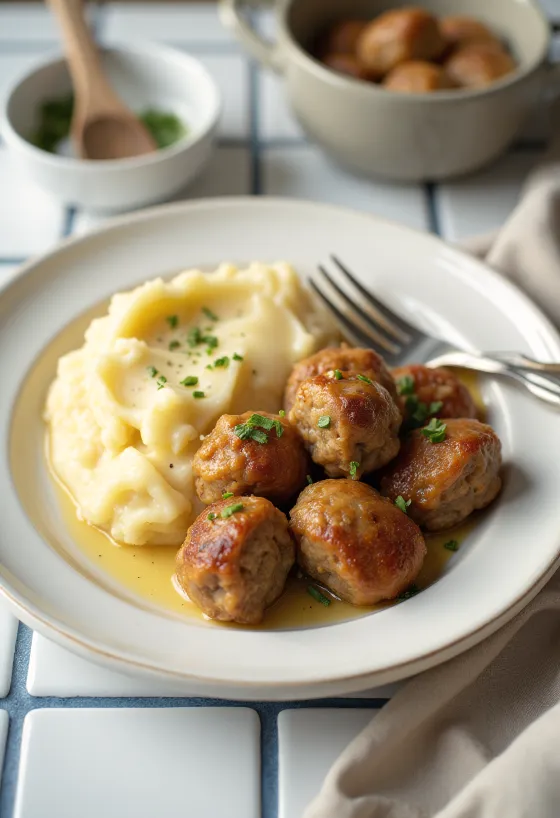 Köttbullar s krompirjevim pirejem, postrežen z bogatimi okusi