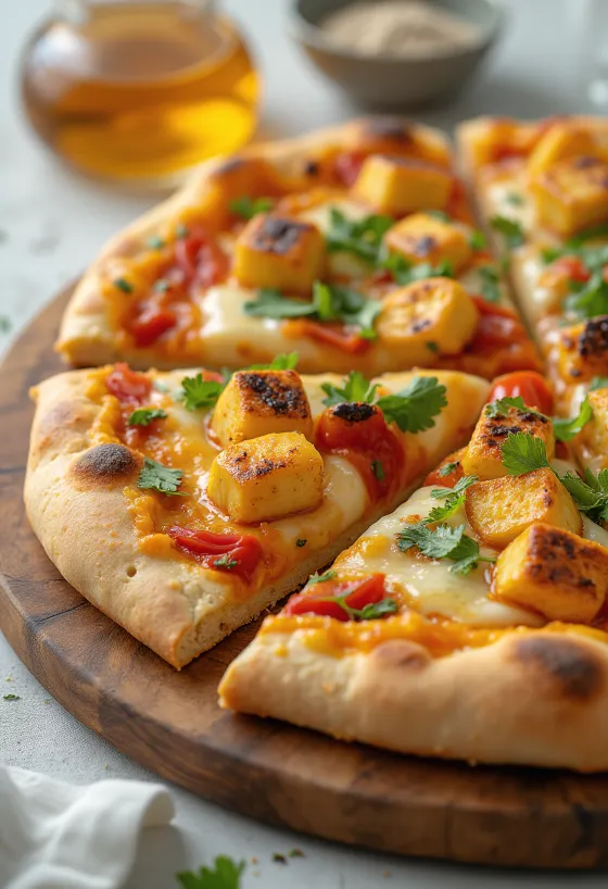 Paneer tikka pizza z jogurtovo omako in zelenjavo