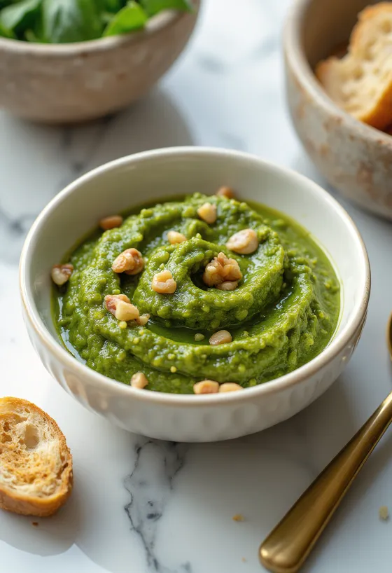 Pesto z orehi in sirom pecorino v skledi s testeninami