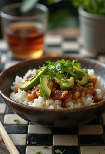 Poké s teriyaki omako s svežo zelenjavo na posteljici iz riža, okrašen s koriandrom in limetinim sokom.