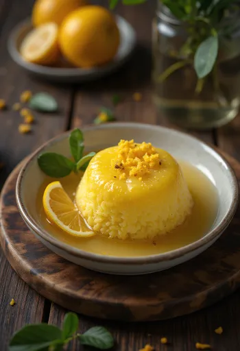 Revani z bergamotko, zlato rjave rezine kolača, postrežene s citrusnim sirupom