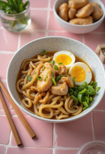 Stamina udon skleda z jajcem in mesom, svežo mlado čebulo