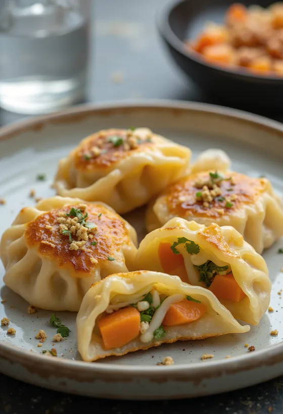 Vegetable Gyoza postrežene z zelenjavnim nadevom in omako za pomakanje iz sojine omake