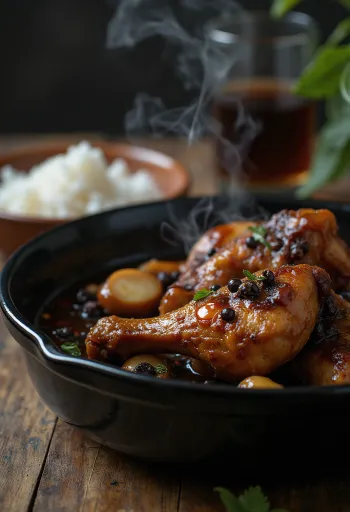 Adobo piščanec, kuhan v sojini omaki, postrežen ob rižu