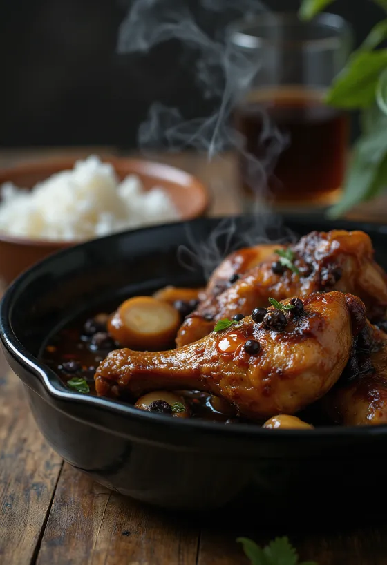 Adobo piščanec, kuhan v sojini omaki, postrežen ob rižu