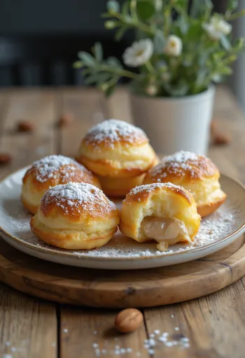 Æbleskiver z mandljevim polnilom, posut s sladkorjem v prahu, postrežen v skledi