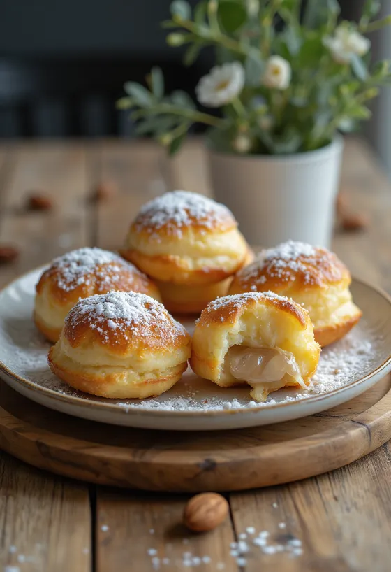 Æbleskiver z mandljevim polnilom, posut s sladkorjem v prahu, postrežen v skledi