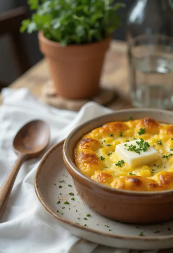Chipa Guasu z maslom, postrežen s svežim koriandrom