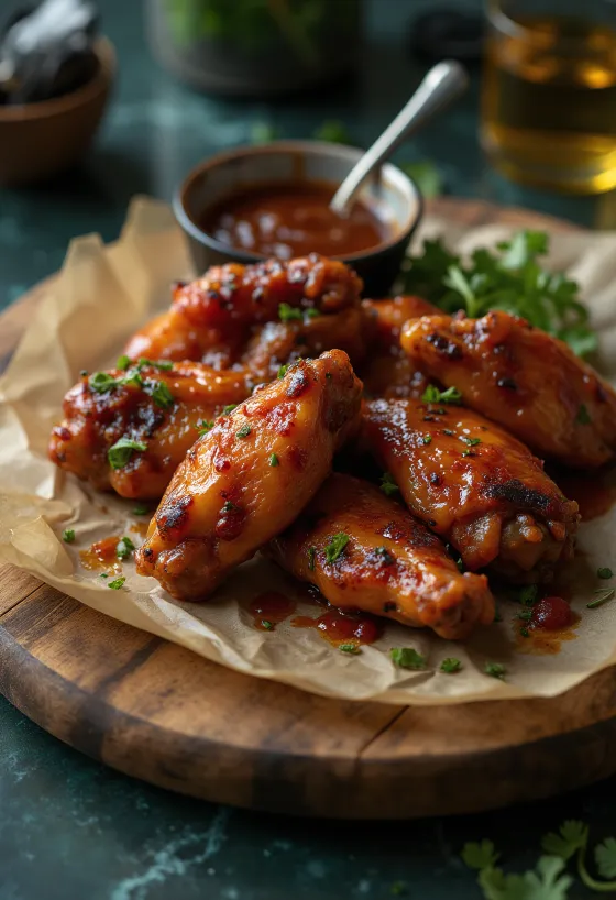 Piščančje perutničke s pekočo BBQ omako, postrežene s svežim peteršiljem