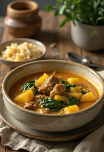 Egusi juha s kozjim mesom, bogata, začinjena juha, postrežena s svežo zelenjavo