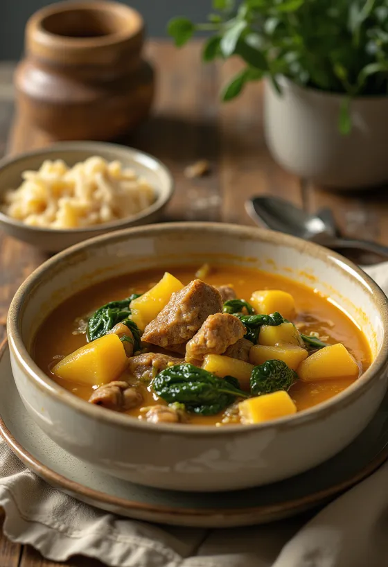 Egusi juha s kozjim mesom, bogata, začinjena juha, postrežena s svežo zelenjavo