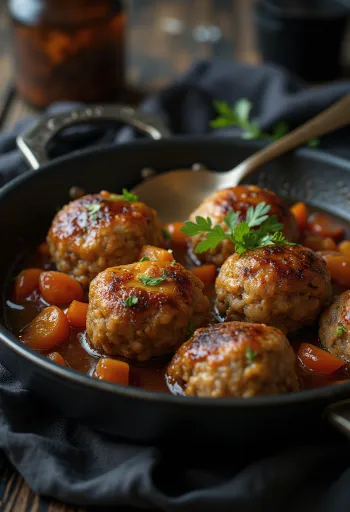 Frikadeller iz mešanice svinjine in govedine, zlato rjave, hrustljave kroglice, postrežene
