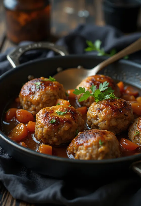 Frikadeller iz mešanice svinjine in govedine, zlato rjave, hrustljave kroglice, postrežene