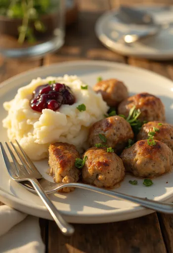 Köttbullar, postrežen z brusnično marmelado, okrašen s svežimi zelišči