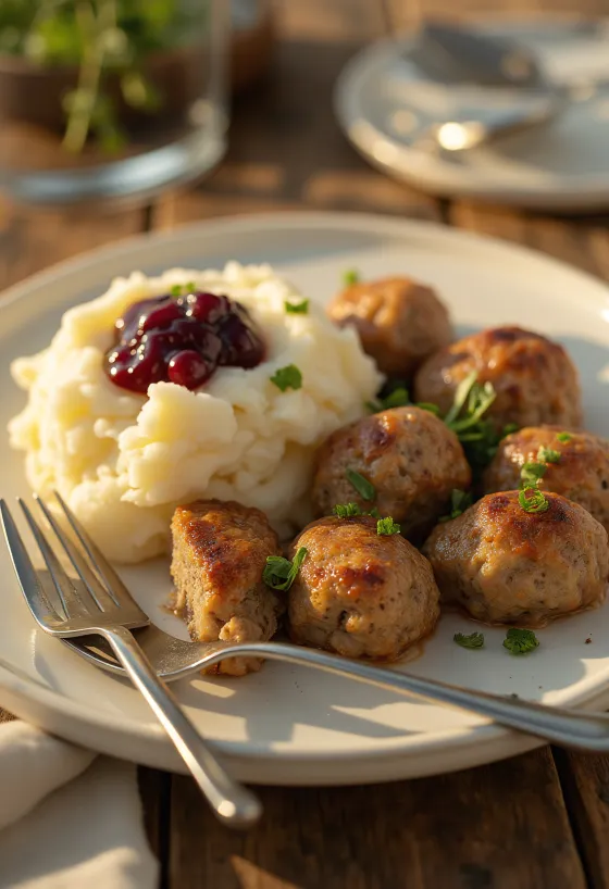 Köttbullar, postrežen z brusnično marmelado, okrašen s svežimi zelišči