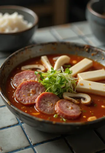 Sundae Jeongol Jeongol Guk, korejska juha, postrežena s tofujem, gobami in svežo mlado čebulo