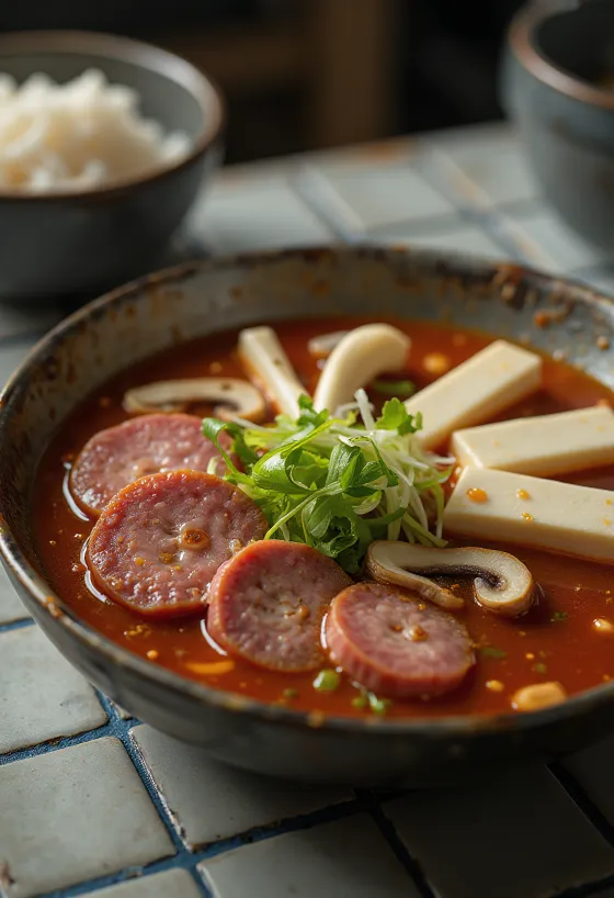 Sundae Jeongol Jeongol Guk, korejska juha, postrežena s tofujem, gobami in svežo mlado čebulo