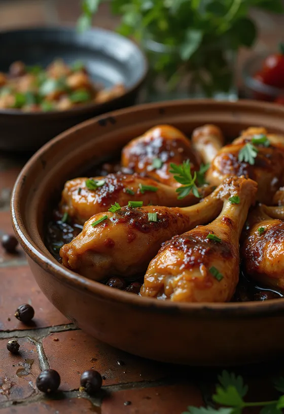 Mesni adobo, postrežen v sojini omaki in omaki z belim vinom, okrašen s svežimi zelišči