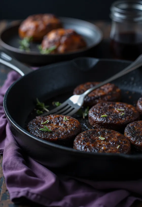 Black pudding klasična različica, s pečeno govedino, hrenom in svežim peteršiljem