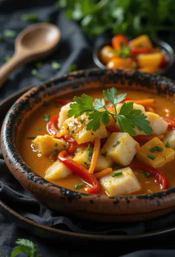 Moqueca s paradižnikom, kokosovim mlekom in kosi ribe postrežena s svežim koriandrom
