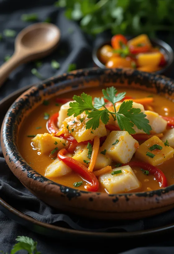 Moqueca s paradižnikom, kokosovim mlekom in kosi ribe postrežena s svežim koriandrom