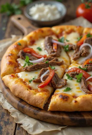 Philly cheesesteak pizza z rezinami zrezka in papriko