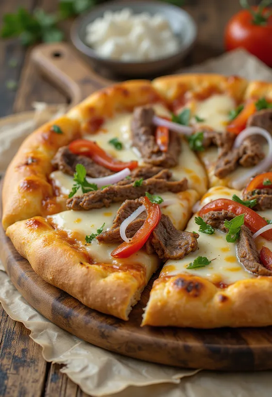 Philly cheesesteak pizza z rezinami zrezka in papriko