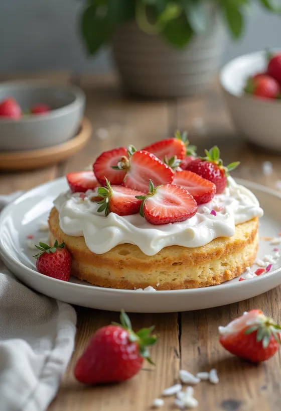 Veganska jagodna torta, okrašena s svežimi jagodami