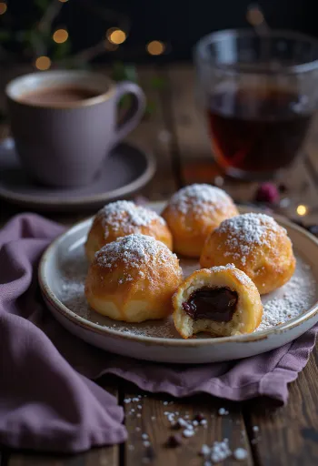 Sveže pečen æbleskiver s čokoladno kremo in sladkorjem v prahu