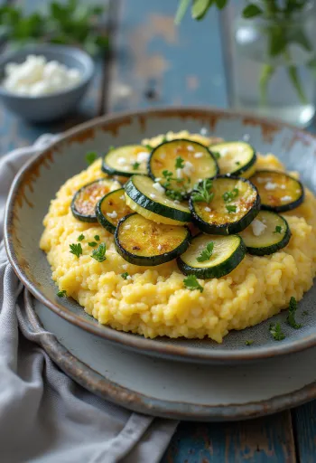 Polenta s pečenimi bučkami, kremna osnova s hrustljavimi zelenjavnimi krogci