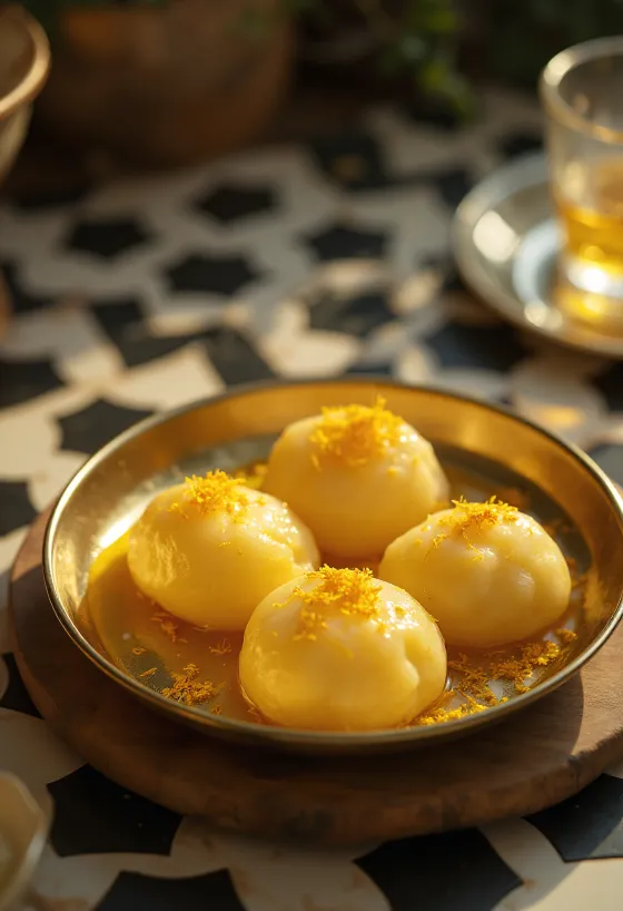Rasgulla z žafranom, skutine kroglice, ki plavajo v žafranovem sirupu