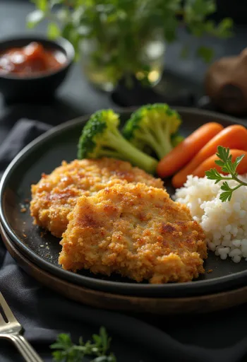 Tonkatsu skleda z zelenjavo, postrežena s puranjimi bedri in dušeno zelenjavo