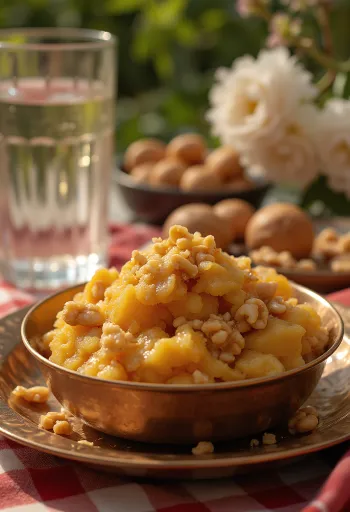 Aate ka halwa v posodici, okrašena s praženimi oreščki, žametne rjave barve.