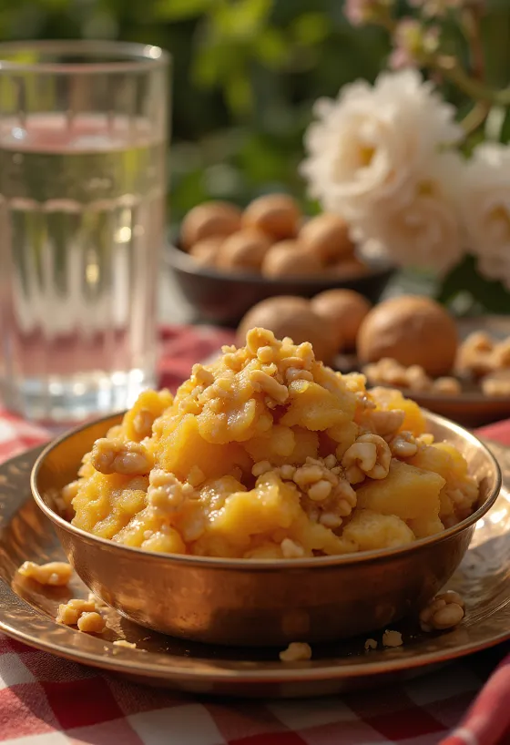 Aate ka halwa v posodici, okrašena s praženimi oreščki, žametne rjave barve.