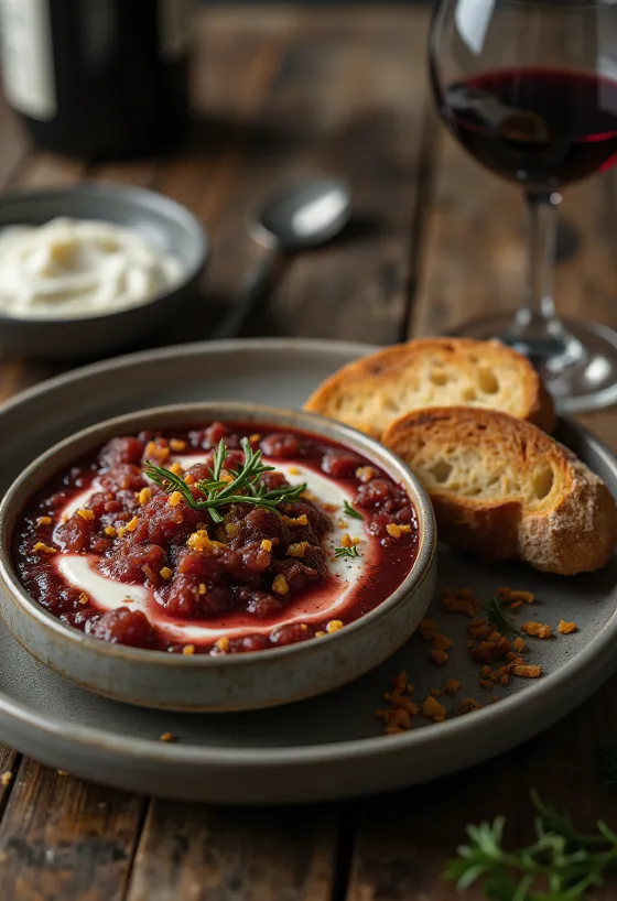 Bagna cauda z rdečim vinom, česnova ribja omaka, postrežena s peteršiljem