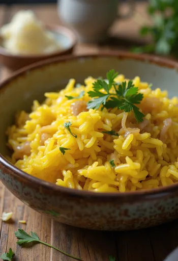 Balaleet z žafranom, postrežen z bogatimi okusi, svežim koriandrom.