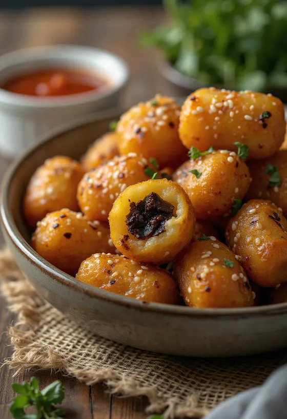 Krvavica tater tots, zlato rjavi hrustljavi tater toti s krvavico, svežimi sezamovimi semeni