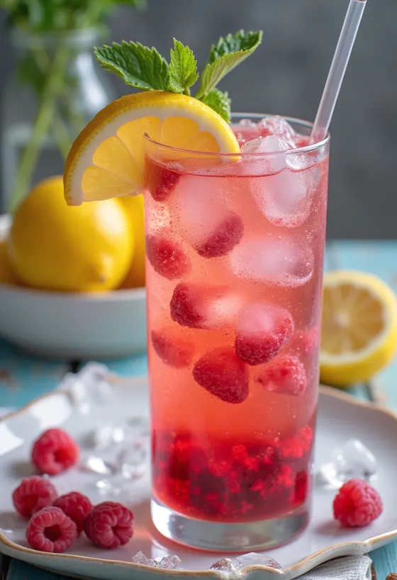 Malinova limonada s svežimi malinami in rezinami limone
